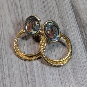 Vintage Designer Earrings Gold Tone Handpainted Shimmer Enamel 1980s Pierced 3H